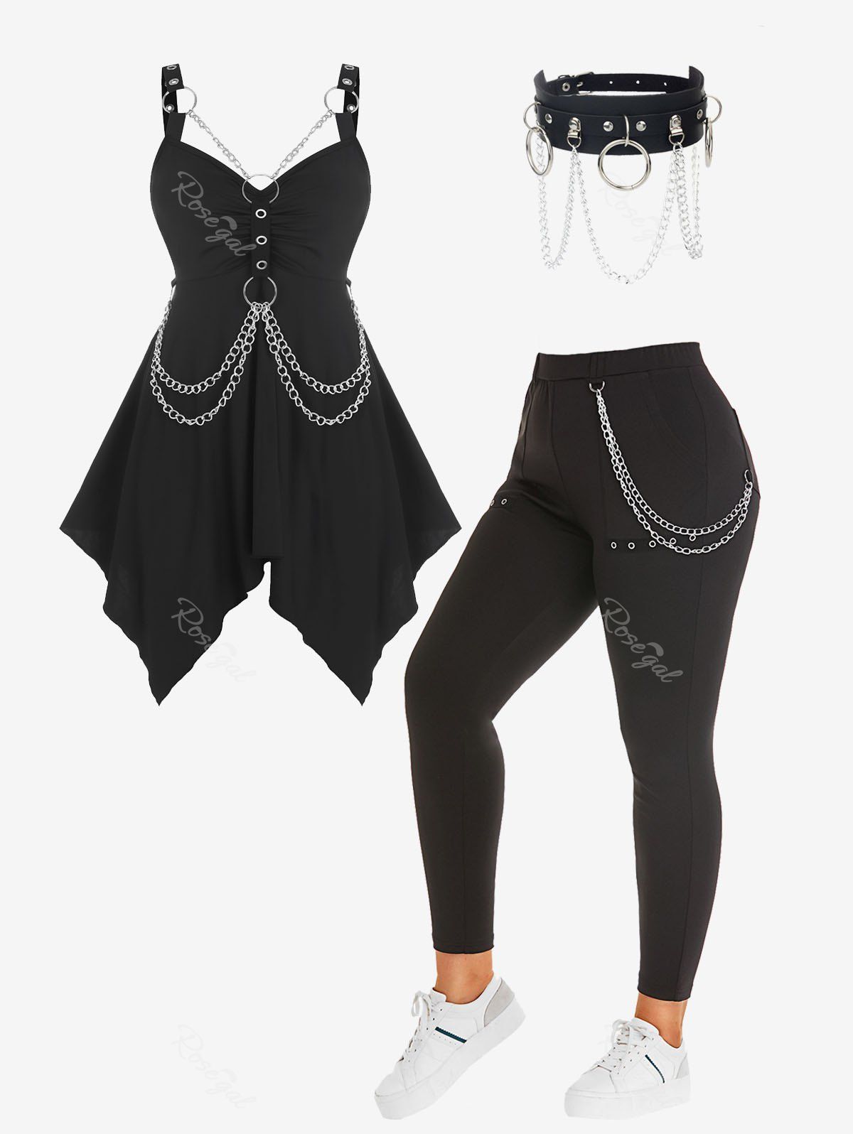 Trendy O Ring Chains Handkerchief Gothic Tank Top and Pockets Chains Eyelet Pants with Accessories Plus Size Summer Outfit  