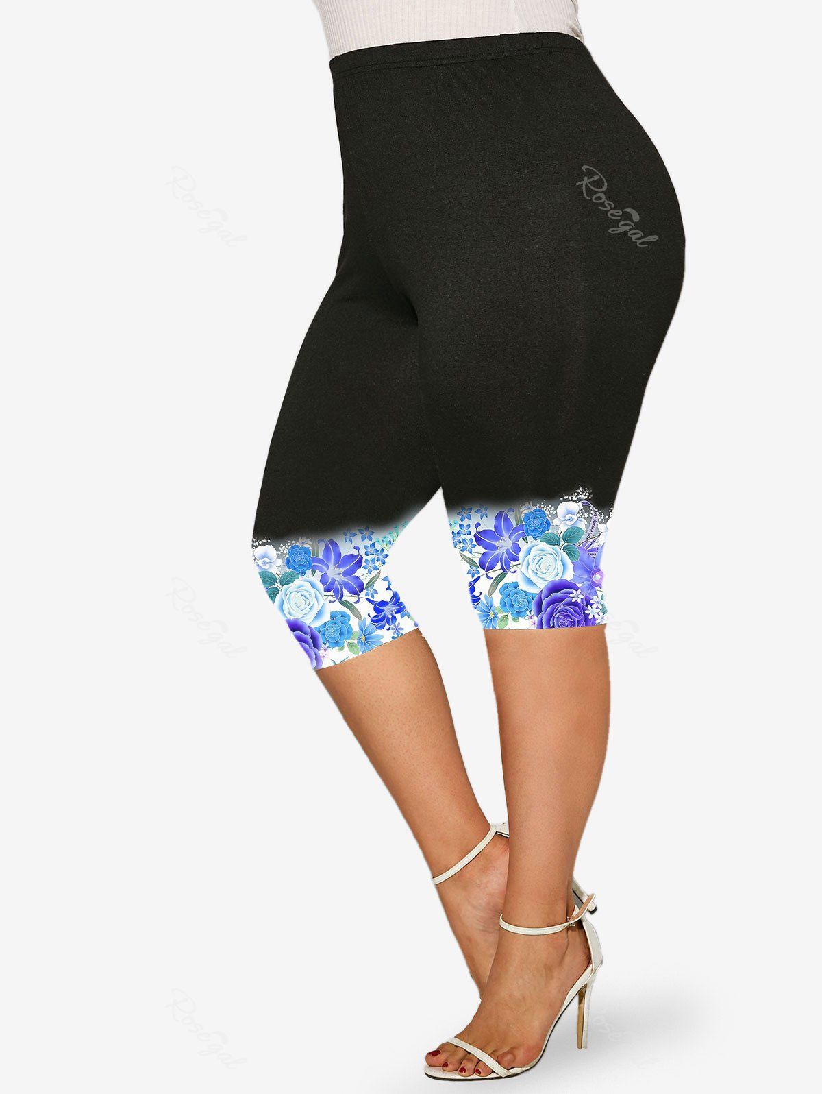 Affordable Plus Size Floral Printed Ombre Capri Leggings  