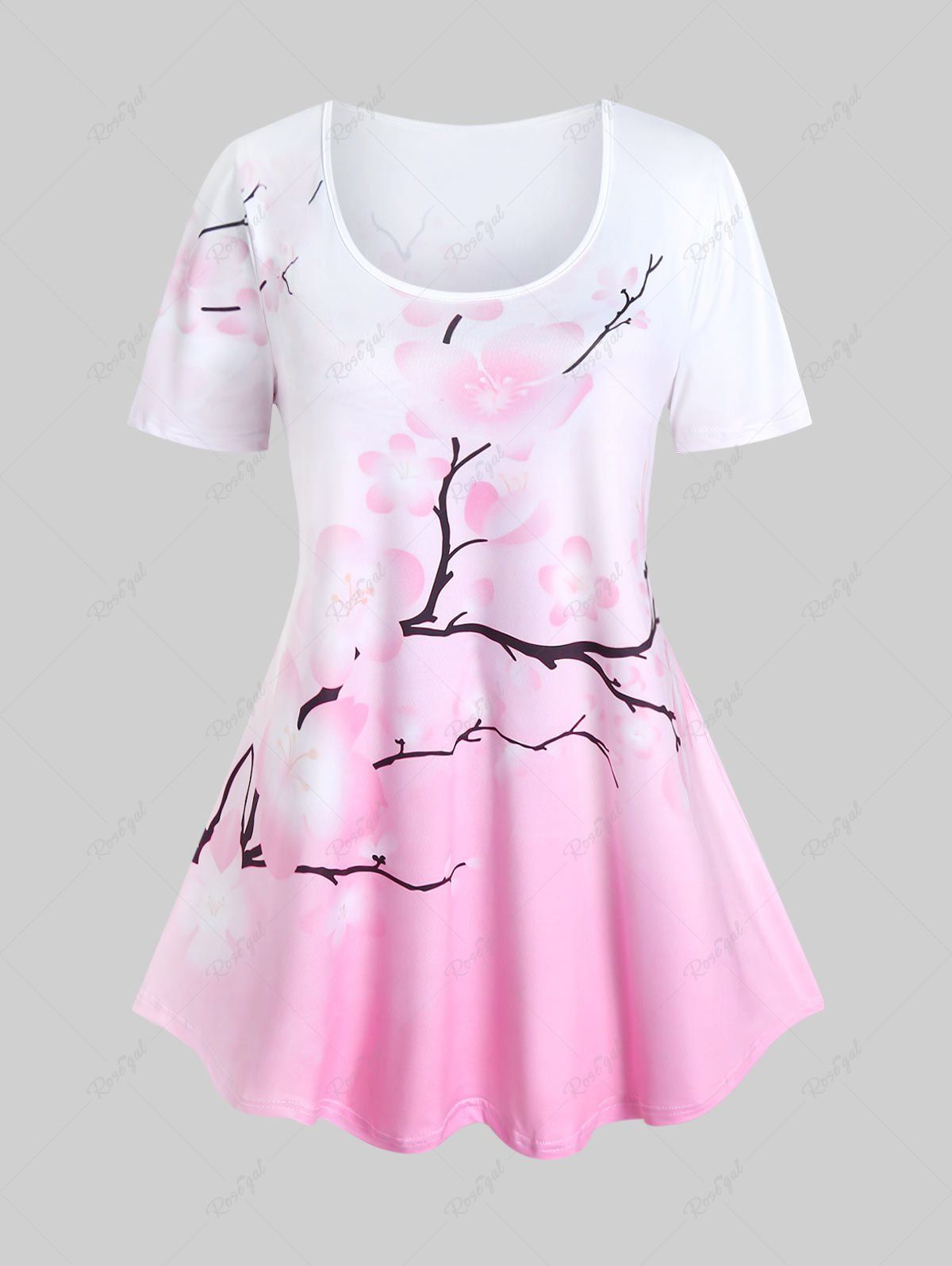 T-shirt à Imprimé Fleur de Cerisier Ombre à Manches Courtes de Grande Taille Rose clair 5x | US 30-32