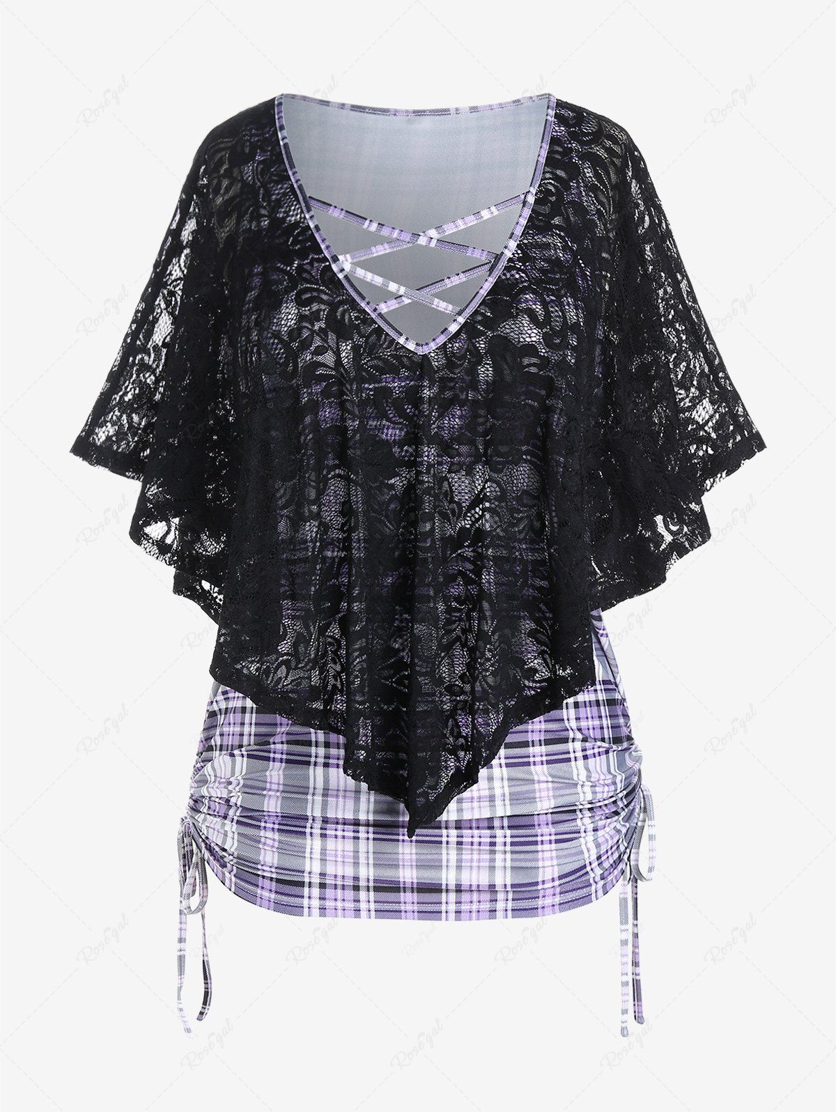 Latest Plus Size Lace Overlay Cinched Plaid Tee  