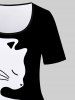 Plus Size Cat Pattern Two Tone Short Sleeves Tee -  