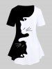 T-shirt Bicolore Motif de Chat de Grande Taille à Manches Courtes - Noir 
