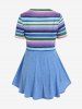 Plus Size Lace Up Striped Knitted Top and Solid Tank Top Set -  