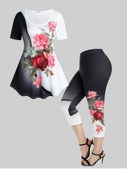 Rose Print Colorblock T-shirt and High Waist Rose Print Colorblock Capri Leggings Plus Size Summer Outfit - BLACK