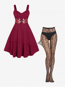 Applique Midi 50s Pin Up Dress With Rose Sheer Pantyhose Plus Size Summer Outfit - DEEP RED