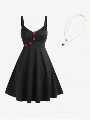 Contrast Button Flare Dress With Layered Pendant Necklace Plus Size Summer Outfit