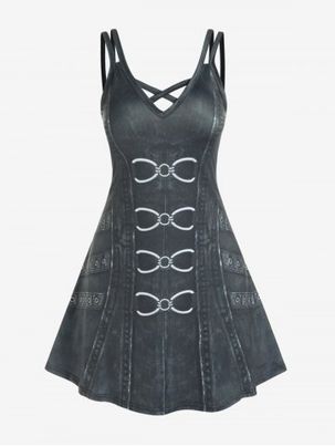 Plus Size 3D Jeans Skulls Grommet Printed Crisscross A Line Gothic Dress