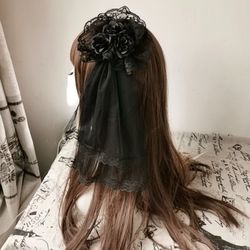 Lolita Gothic Flower Veil Hair Clip - BLACK