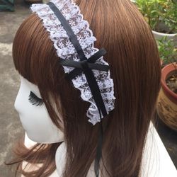 Lolita Gothic Headband Lace Bow Ribbon Cosplay Maid Headwear - WHITE