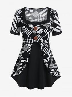 Plus Size Checkerboard Stripes Square Neck Colorblock T Shirt - BLACK - 4X | US 26-28
