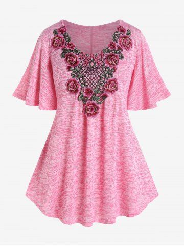 Plus Size Space Dye Flower Applique Flutter Sleeves Knitted T Shirt - LIGHT PINK - 4X | US 26-28