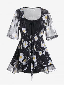 Plus Size Sunflower Print Sheer Mesh Blouse and Camisole Set - BLACK - 4X | US 26-28