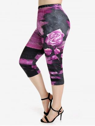 Plus Size High Rise Rose Printed Capri Leggings