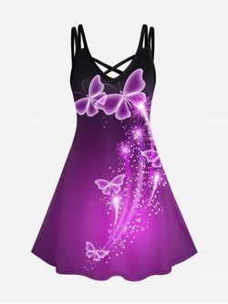 Plus Size Butterfly Print Crisscross Dress - PURPLE - 2X | US 18-20