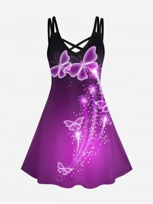 Plus Size Butterfly Print Crisscross Dress