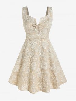 Plus Size Bowknot Jacquard Fit and Flare Dress - LIGHT YELLOW - S | US 8