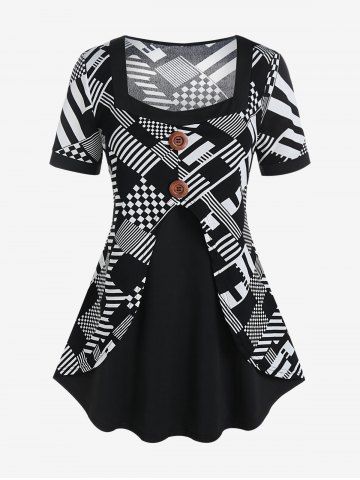 Plus Size Checkerboard Stripes Square Neck Colorblock T Shirt - BLACK - M | US 10