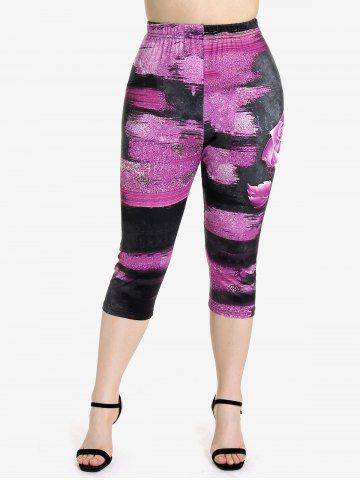 Plus Size High Rise Rose Printed Capri Leggings