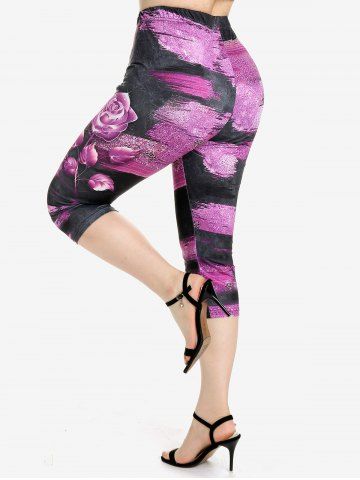 Plus Size High Rise Rose Printed Capri Leggings