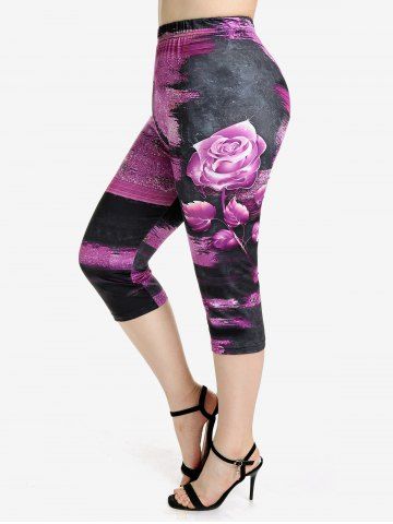 Plus Size High Rise Rose Printed Capri Leggings - BLACK - 5X | US 30-32