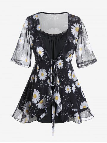 Plus Size Sunflower Print Sheer Mesh Blouse and Camisole Set - BLACK - L | US 12