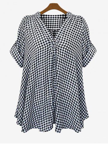 Plus Size V Neck Roll Up Sleeve Checked Blouse - BLACK - L | US 12