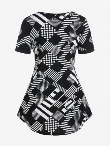 Plus Size Checkerboard Stripes Square Neck Colorblock T Shirt