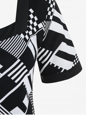 Plus Size Checkerboard Stripes Square Neck Colorblock T Shirt