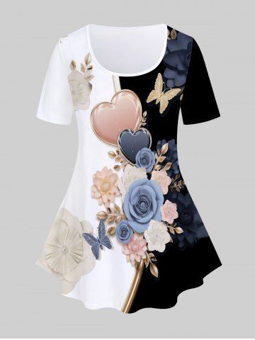 T-shirt Bicolore à Imprimé 3D Papillon Cœur Fleur de Grande Taille