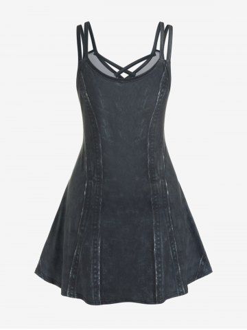 Plus Size 3D Jeans Skulls Grommet Printed Crisscross A Line Gothic Dress