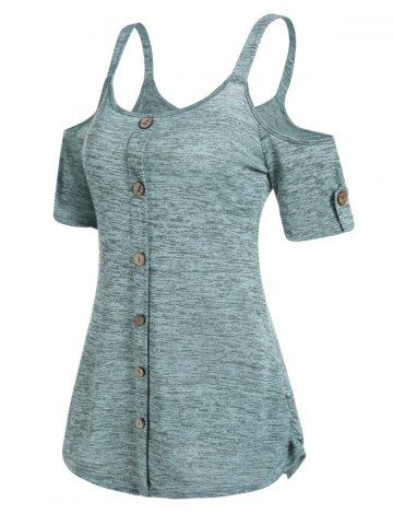 Space Dye Print Cold Shoulder Mock Button Long T Shirt - DEEP GREEN - M