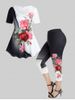 Rose Print Colorblock T-shirt and High Waist Rose Print Colorblock Capri Leggings Plus Size Summer Outfit -  