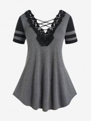Plus Size Lace Panel Contrast Sleeve Chains Tee -  