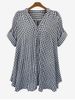 Plus Size V Neck Roll Up Sleeve Checked Blouse -  