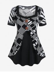 Plus Size Checkerboard Stripes Square Neck Colorblock T Shirt -  