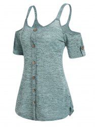 Space Dye Print Cold Shoulder Mock Button Long T Shirt -  