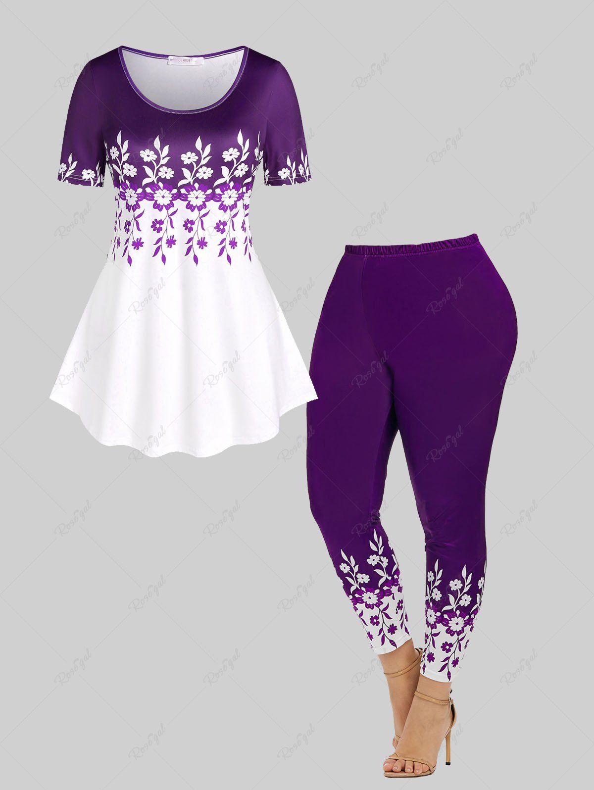 Cheap Floral Colorblock T Shirt and High Waisted Floral Print Leggings Plus Size Summer Outfit  