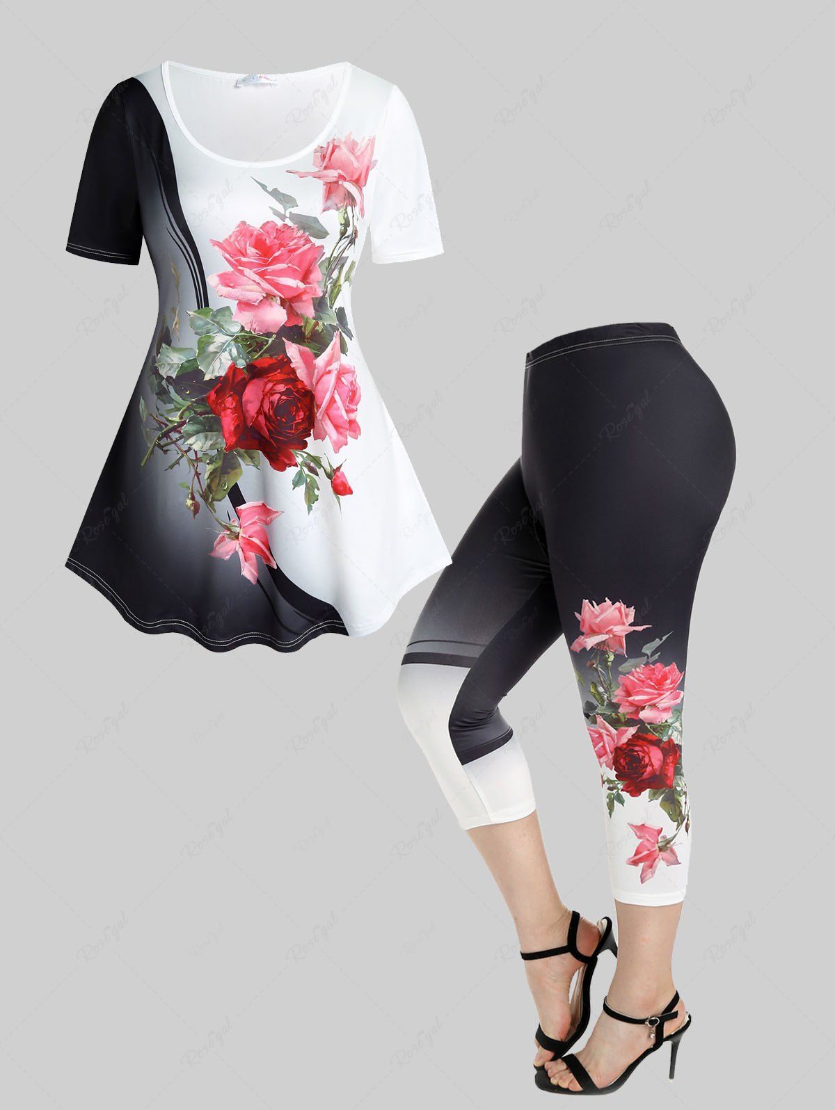 Ensemble T-shirt à Imprimé Rose et Couleur Contrastante et Legging Capri à Taille Haute Grande Taille Noir 