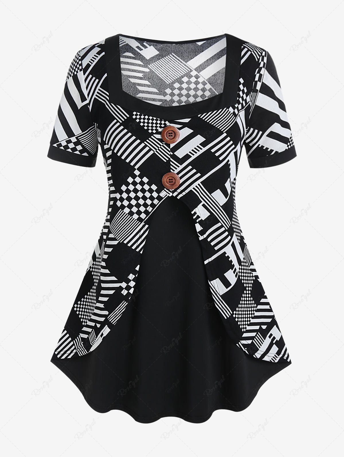 Trendy Plus Size Checkerboard Stripes Square Neck Colorblock T Shirt  