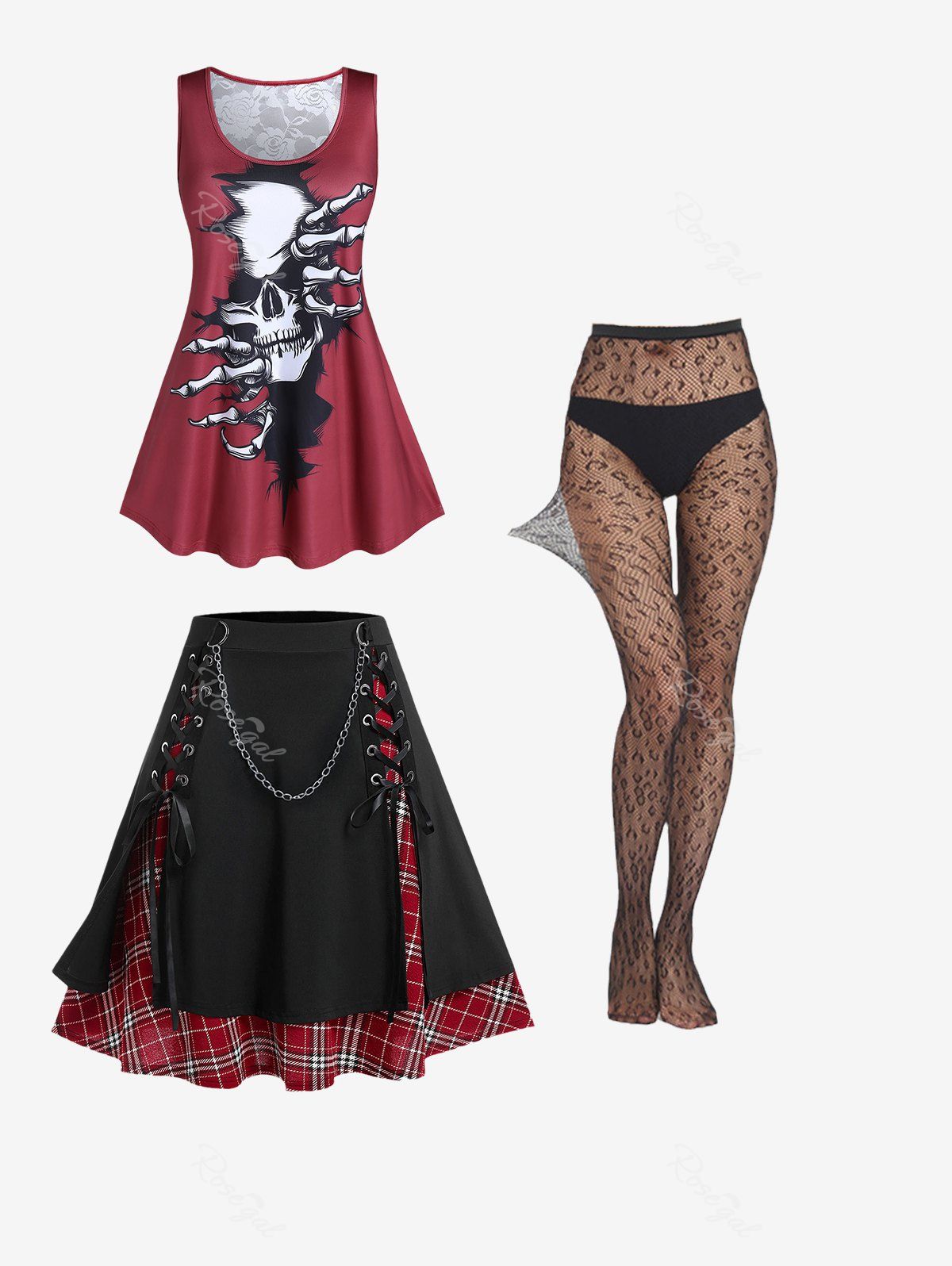 Trendy Gothic Skull Print Top and Chains Lace Up Plaid Skirt with Pantyhose Plus Size Summer Outfit  