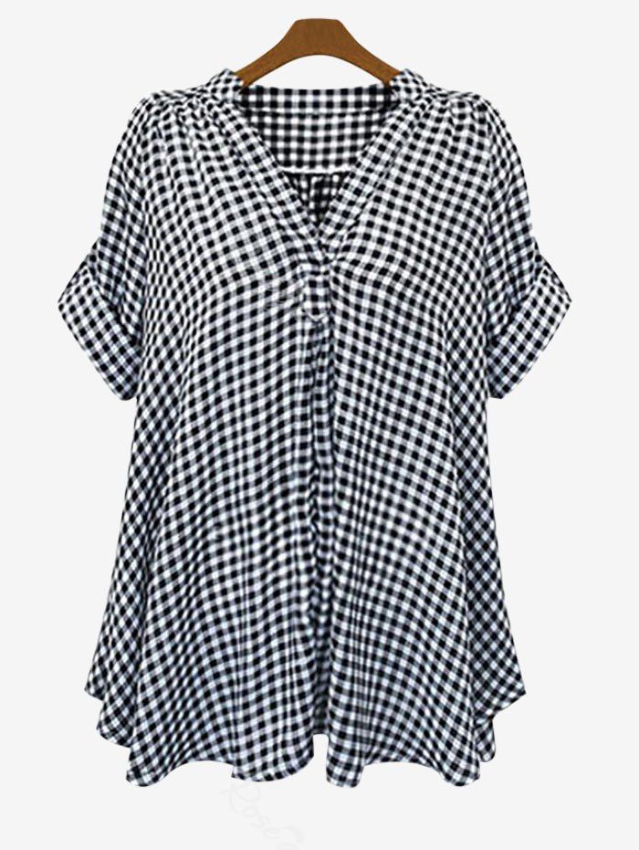 Discount Plus Size V Neck Roll Up Sleeve Checked Blouse  