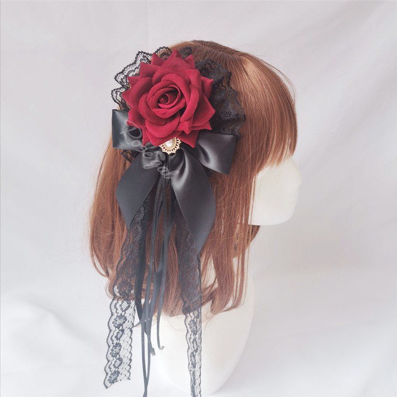 Pince à Cheveux Motif Nœud Rose et Perles Style Lolita Noir 