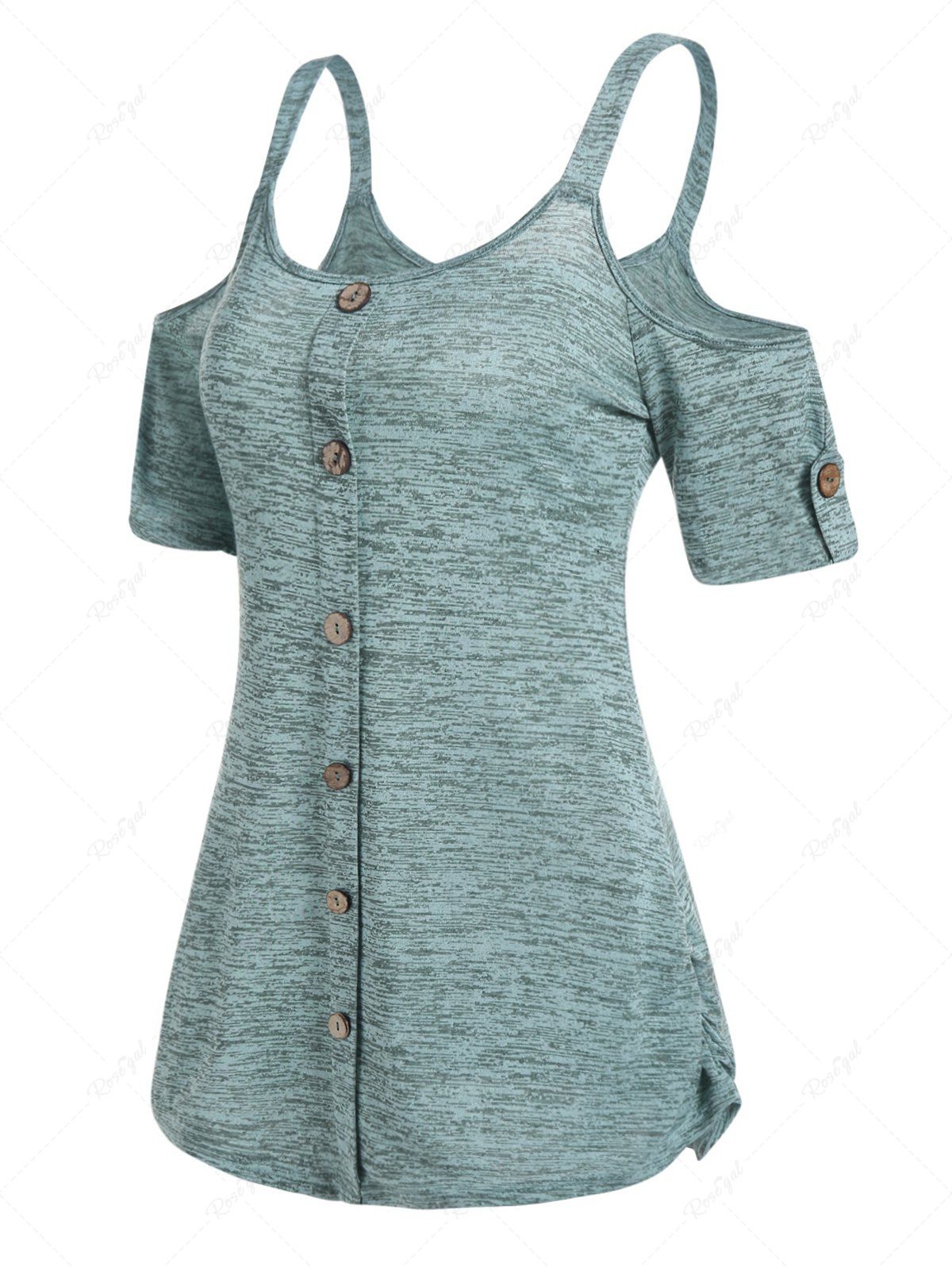 Sale Space Dye Print Cold Shoulder Mock Button Long T Shirt  