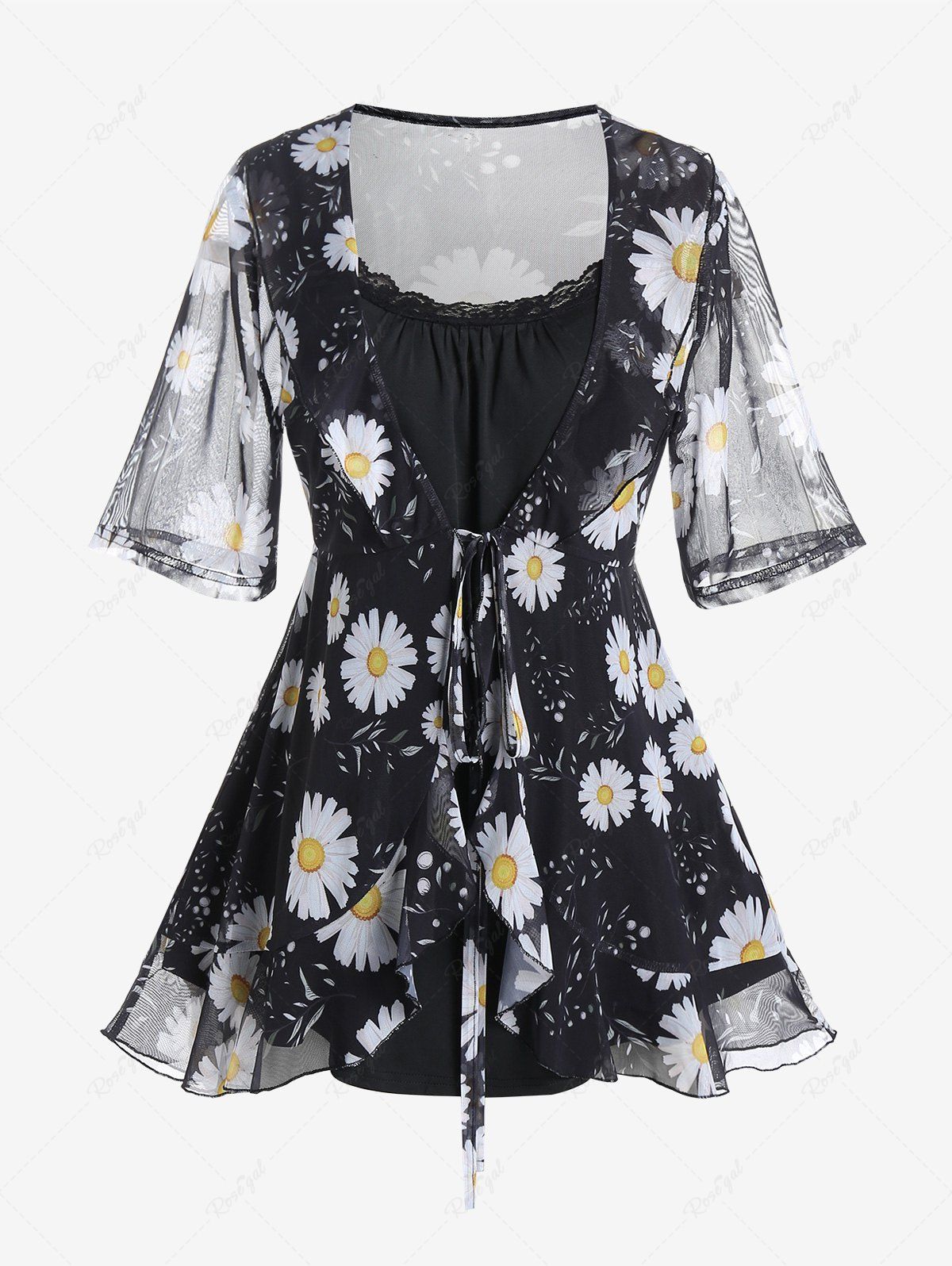 Chic Plus Size Sunflower Print Sheer Mesh Blouse and Camisole Set  