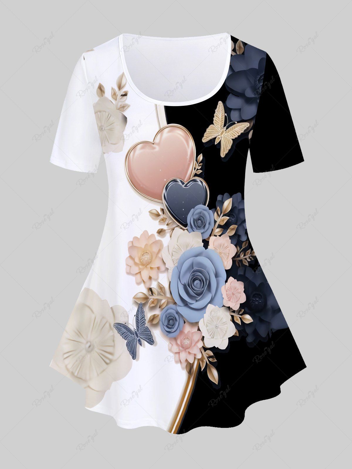 T-shirt Bicolore à Imprimé 3D Papillon Cœur Fleur de Grande Taille Blanc Chaud 5x | US 30-32