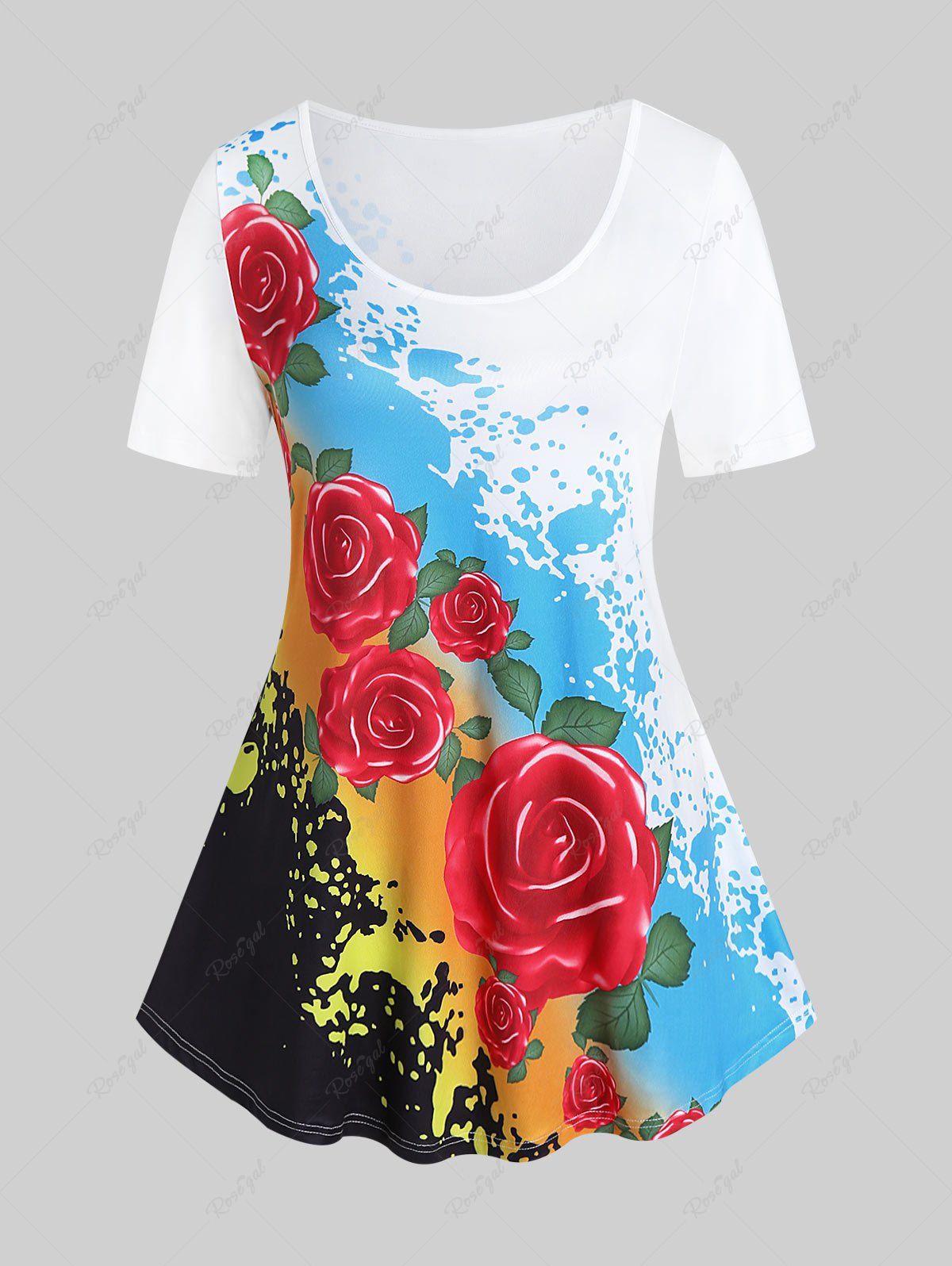 T-shirt à Imprimé Fleur en Blocs de Couleurs à Manches Courtes de Grande Taille Blanc 5x | US 30-32