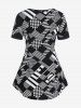 Plus Size Checkerboard Stripes Square Neck Colorblock T Shirt -  