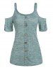Space Dye Print Cold Shoulder Mock Button Long T Shirt -  