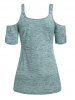Space Dye Print Cold Shoulder Mock Button Long T Shirt -  