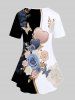 Plus Size 3D Heart Flower Butterfly Printed Two Tone Tee -  
